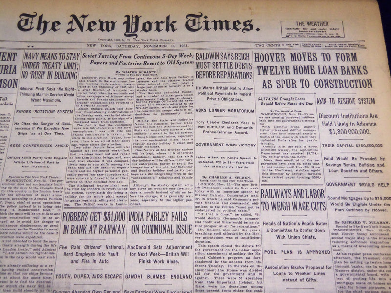 1931 NOV 14 NEW YORK TIMES - HOOVER TO FORM 12 HOME LOAN BANKS - NT 2184