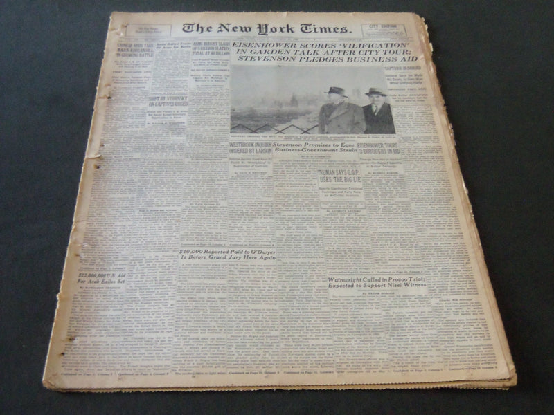1952 OCT 31 NEW YORK TIMES - EISENHOWER SCORES VILLIFICATION IN GARDEN - NT 5983