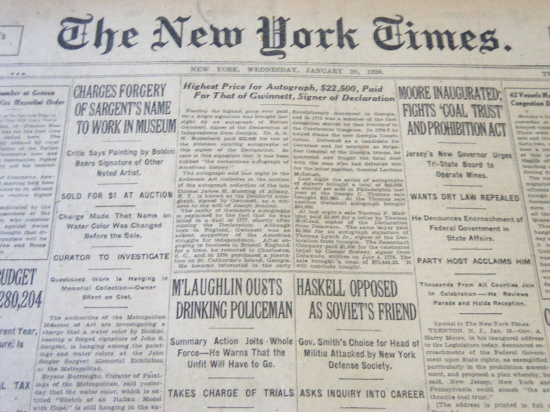 1926 JANUARY 20 NEW YORK TIMES - GWINETT AUTOGRAPH SELLS FOR $22,500 - NT 5679