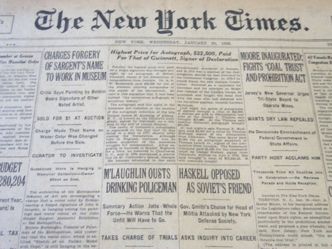 1926 JANUARY 20 NEW YORK TIMES - GWINETT AUTOGRAPH SELLS FOR $22,500 - NT 5679