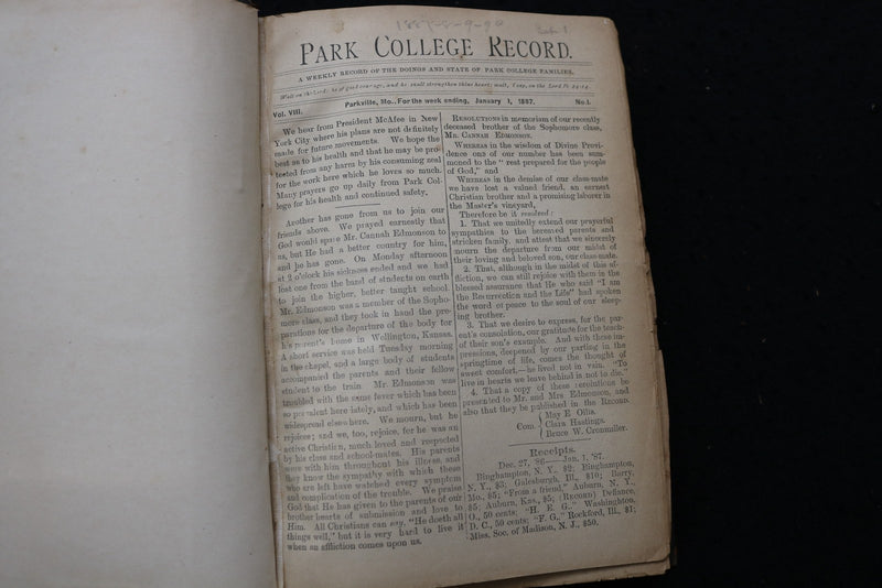 1876-1907 PARK COLLEGE RECORD WEEKLY RECORD HARDCOVER BOOKS - 6 VOLUMES -KD 9575