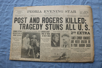 1935 AUGUST 16 PEORIA EVENING STAR NEWSPAPER - POST AND ROGERS KILLED - NP 9224