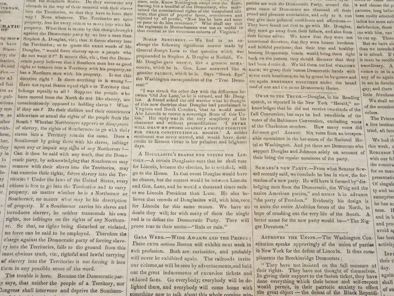 1860 OCTOBER 13 NEW BEDFORD MASS. TIMES NEWSPAPER - LINCOLN - DOUGLAS - NP 4960
