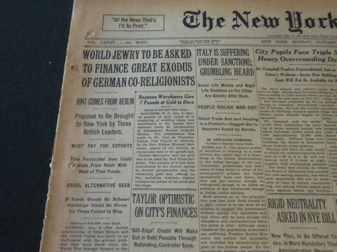 1936 JAN 6 NEW YORK TIMES - WORLD JEWRY ASKED TO FINANCE GREAT EXODUS - NT 6712