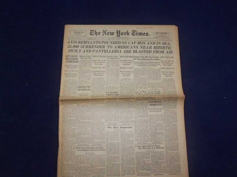 1943 MAY 11 NEW YORK TIMES -AXIS REMNANTS POUNDED ON CAP BON AND IN SEA- NP 6536