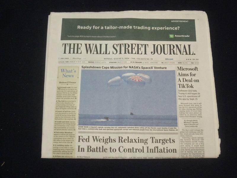 2020 AUGUST 3 WALL STREET JOURNAL NEWSPAPER - MICROSOFT AIDS FOR DEAL ON TIKTOK