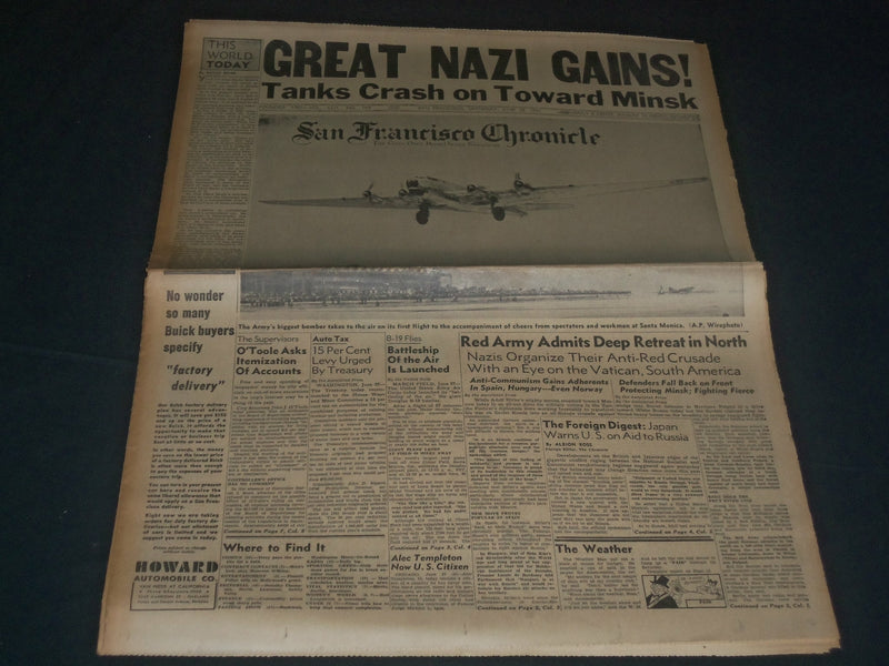 1941 JUNE 28 SAN FRANCISCO CHRONICLE - GREAT NAZI GAINS - TANKS CRASH - NP 3639