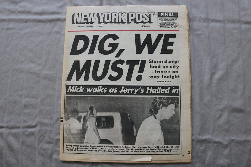 1987 JANUARY 23 NEW YORK POST NEWSPAPER - MICK JAGGER & JERRY HALL - NP 9306
