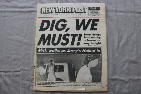 1987 JANUARY 23 NEW YORK POST NEWSPAPER - MICK JAGGER & JERRY HALL - NP 9306