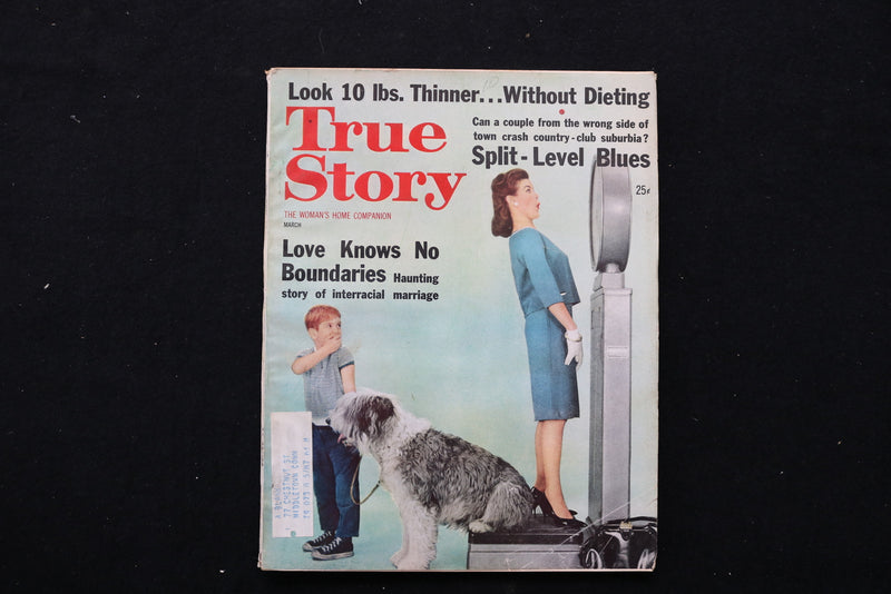 1962 MARCH TRUE STORY MAGAZINE - WOMAN ON SCALE, WITH DOG COVER - E 10410