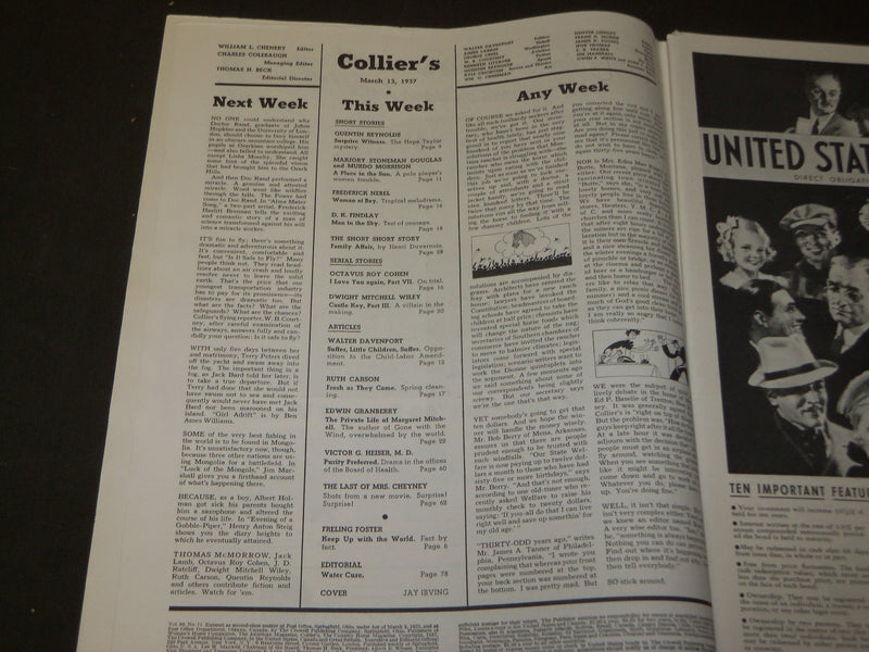 1937 MARCH 13 COLLIER'S MAGAZINE - GREAT ILLUSTRATIONS, ARTICLES & ADS - ST 3629