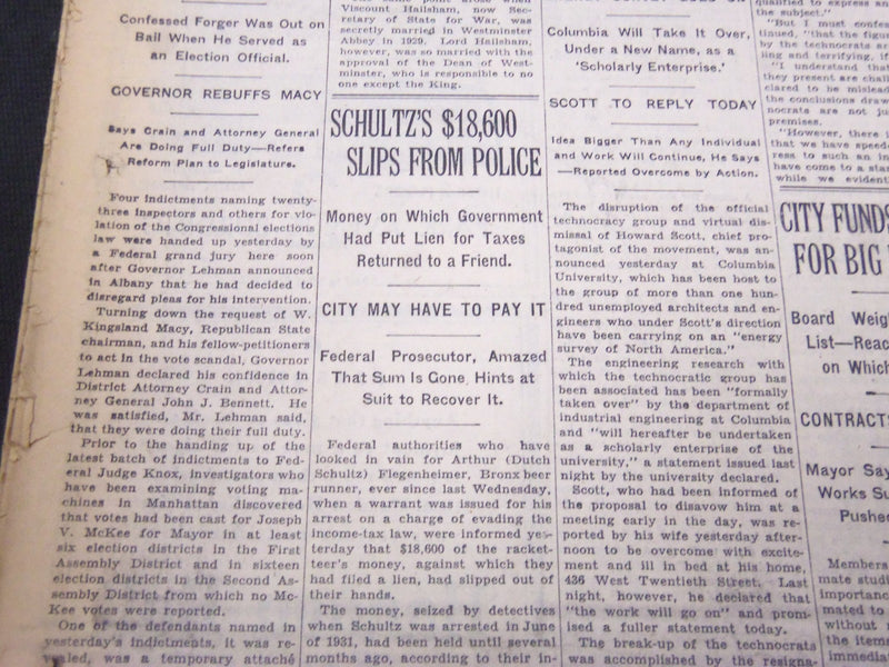 1933 JANUARY 24 NEW YORK TIMES - SCHULTZ'S $18,600 SHIPS FROM POLICE - NT 5198