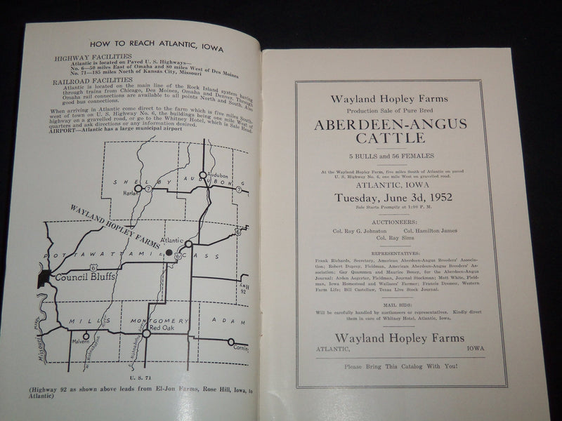 1952 WAYLAND HOPLEY FARMS ANNUAL PRODUCTION SALE CATALOG -ATLANTIC IOWA - J 9090