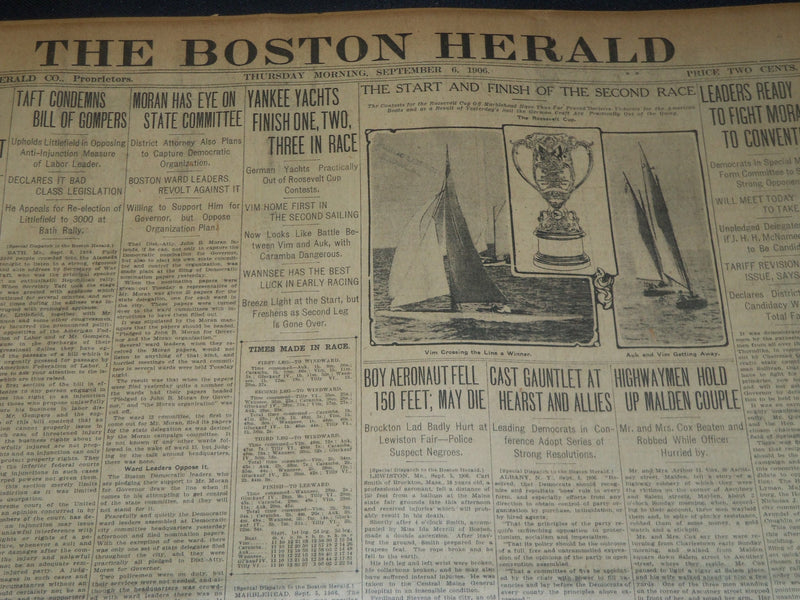 1906 SEPT 6 THE BOSTON HERALD - YANKEE YACHTS FINISH 1, 2 & 3 IN RACE - BH 101