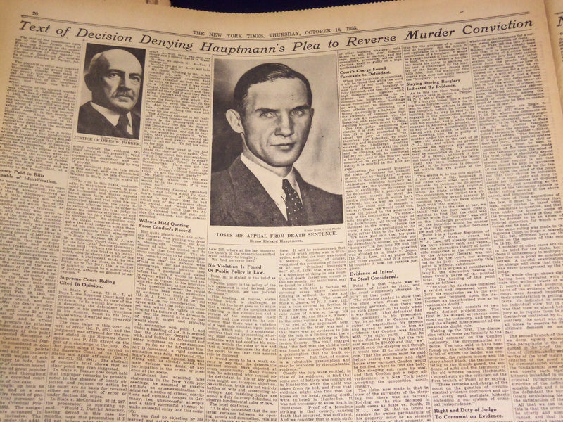 1935 OCT 10 NEW YORK TIMES - HAUPTMANN LOSES FIGHT IN APPEALS COURT - NT 4306