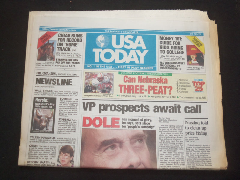 1996 AUGUST 9-11 USA TODAY NEWSPAPER -VP PROSPECTS AWAIT CALL FROM DOLE- NP 7825