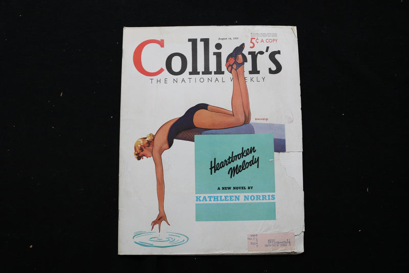 1937 AUG 14 COLLIER'S MAGAZINE - A WOMAN LAYING ON DIVING BOARD COVER - E 11025