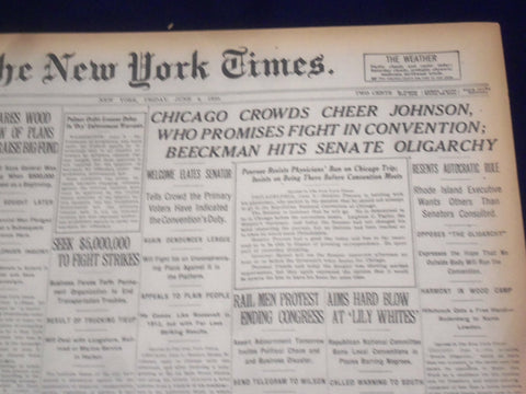 1920 JUNE 4 NEW YORK TIMES - CHICAGO CROWDS CHEER JOHNSON - NT 9104