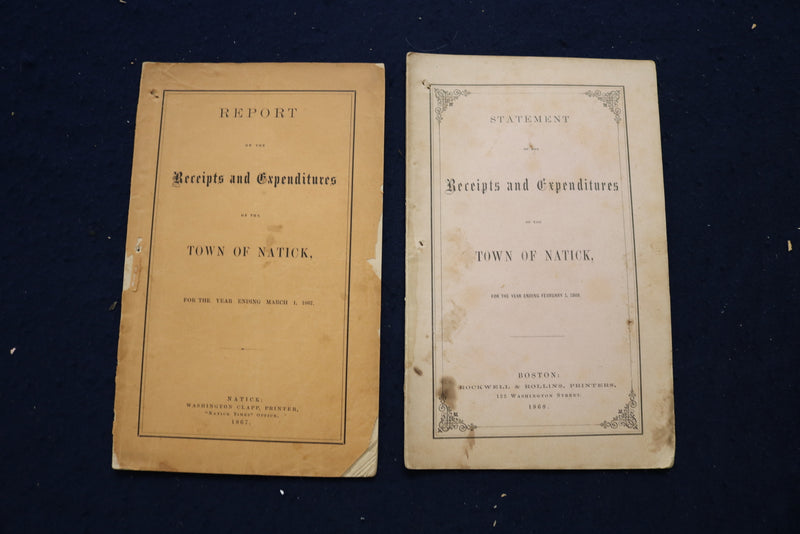 1859-1889 TOWN OF NATICK RECEIPTS AND EXPENDITURE REPORTS - LOT OF 24 - O 3393