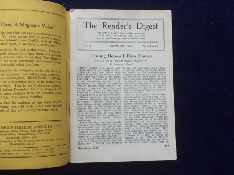 1926 DECEMBER THE READER'S DIGEST SOFTCOVER BOOK - NUMBER 56 - J 8433