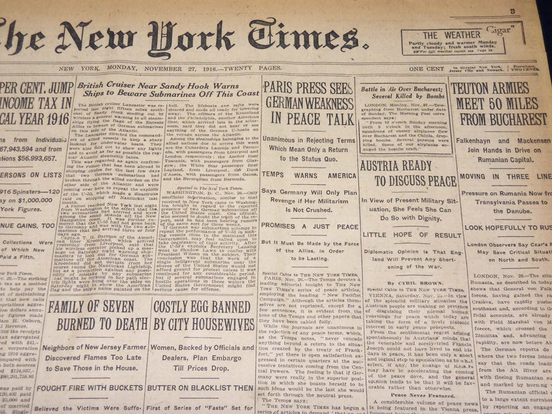 1916 NOVEMBER 27 NEW YORK TIMES - AUSTRIA READY TO DISCUSS PEACE - NT 7719