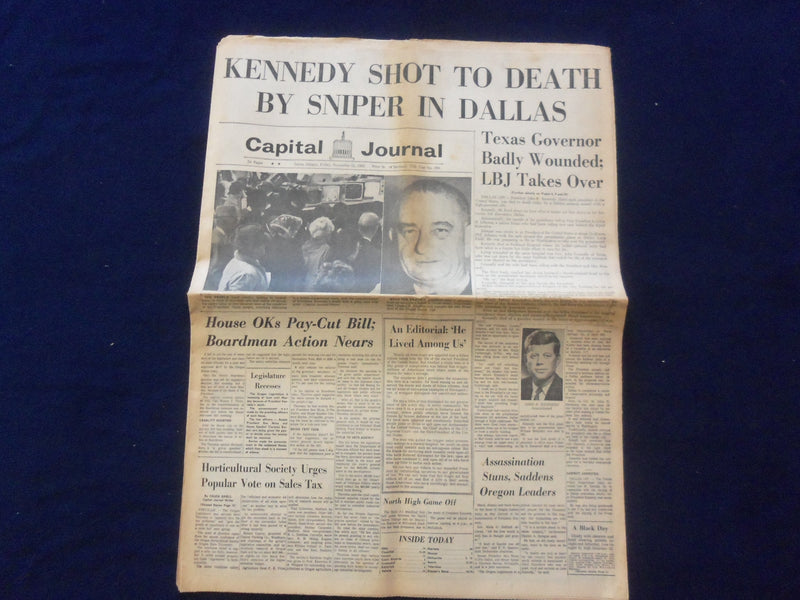 1963 NOV 22 CAPITAL JOURNAL NEWSPAPER- KENNEDY SHOT TO DEATH BY SNIPER - NP 6434