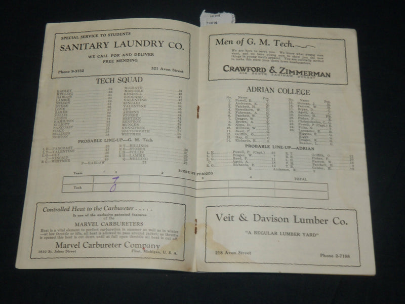 1929 G. M. TECH VS. ADRIAN COLLEGE FOOTBALL PROGRAM - NICE PHOTOS - J 5783