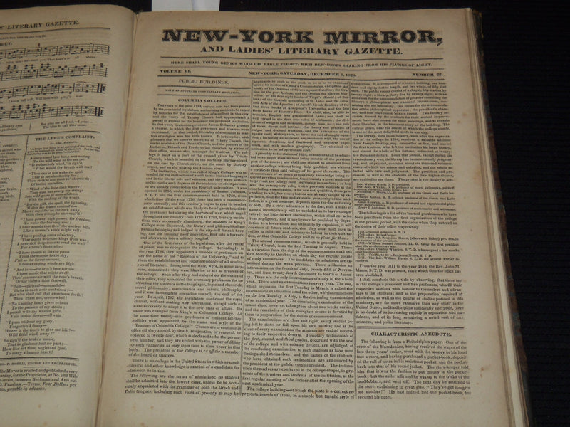 1828-1829 NEW YORK MIRROR AND LADIES GAZETTE BOUND VOLUME - SHELLEY - R 89P