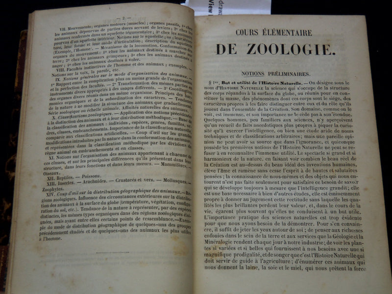 1850 COURS ELEMENTAIRE D'HISTOIRE NATURELLE FRENCH VOLUME - KD 7713