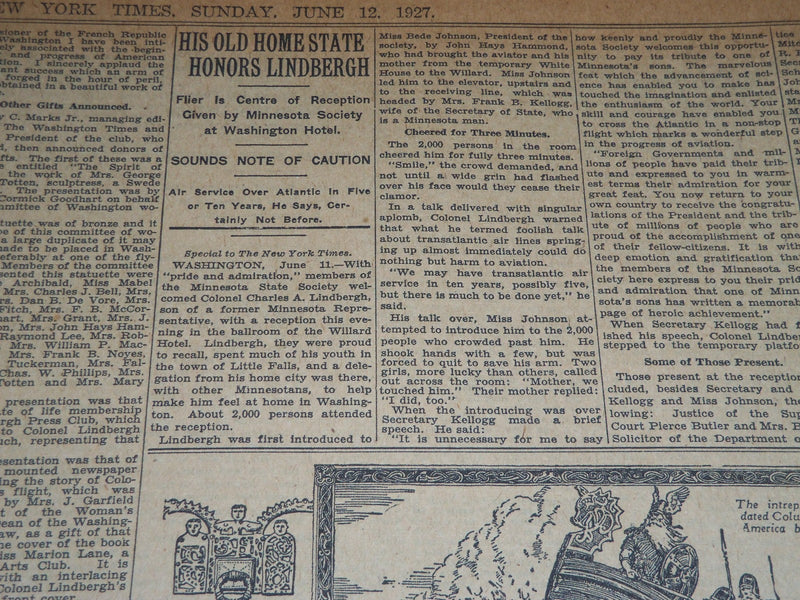 1927 JUNE 12 NEW YORK TIMES - NATION PAY ITS HOMAGE TO LINDBERGH - NT 5067