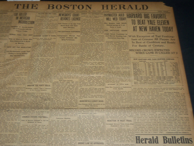 1910 NOVEMBER 19 THE BOSTON HERALD - HANARD BIG FAVORITE TO BEAT YALE - BH 283