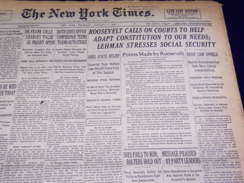 1937 JAN 7 NEW YORK TIMES - ROOSEVELTS ASKS COURTS ADAPT CONSTITUTION - NT 2772
