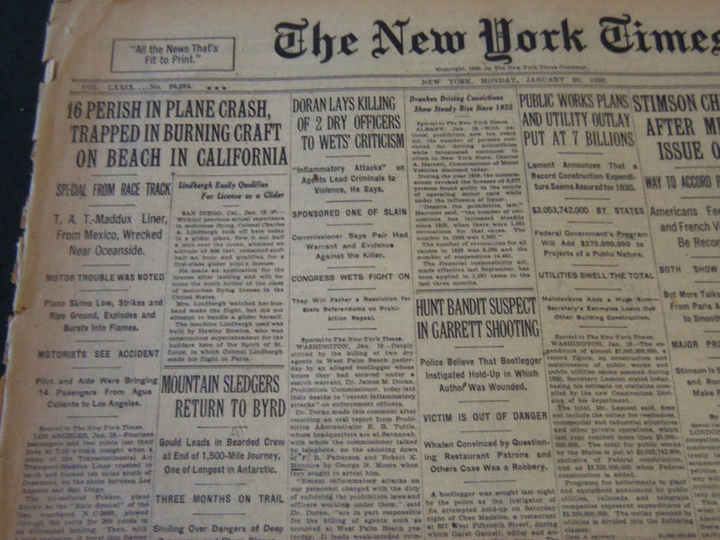 1930 JAN 20 NEW YORK TIMES - 16 DIE IN PLANE CRASH AT CALIFORNIA BEACH - NT 5662