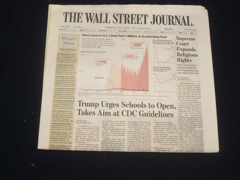 2020 JULY 9 WALL STREET JOURNAL NEWSPAPER - TRUMP URGES SCHOOLS TO OPEN