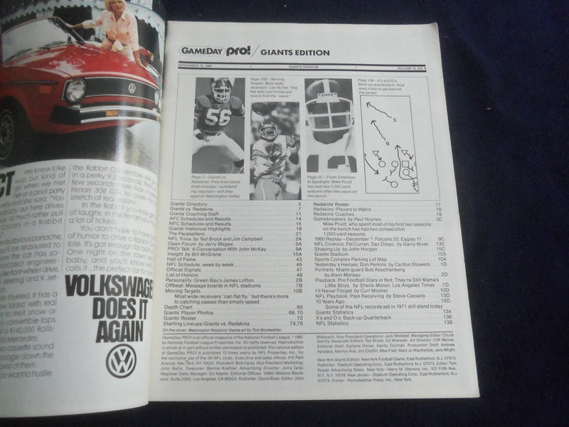 1981 NOV 15 GAMEDAY PRO! MAGAZINE - NEW YORK GIANTS VS. WASH. REDSKINS- SP 4834L