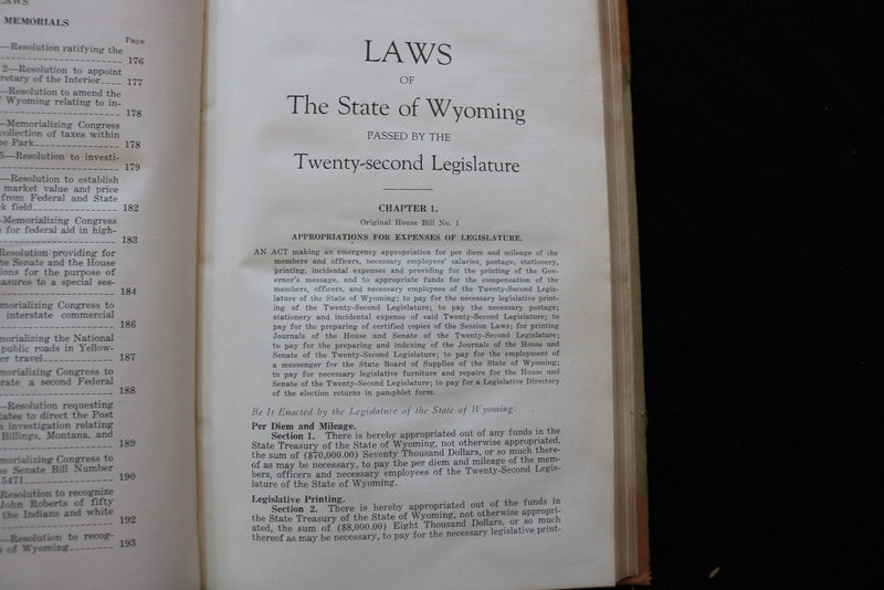 1933 SESSION LAWS OF WYOMING HARDCOVER BOOK - KD 9791