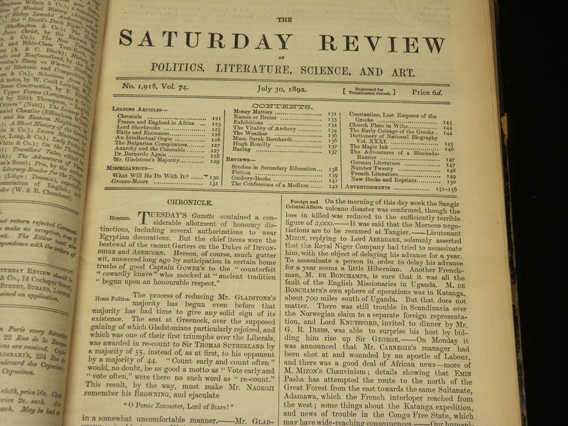 1892 JULY-DECEMBER SATURDAY REVIEW BOUND VOLUME - PUBLISHED IN LONDON - R 1116