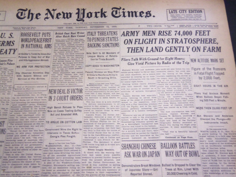 1935 NOV 12 NEW YORK TIMES - ARMY MEN RISE 74,000 FEET IN STRATOSPHERE - NT 4865