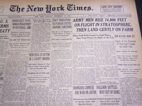 1935 NOV 12 NEW YORK TIMES - ARMY MEN RISE 74,000 FEET IN STRATOSPHERE - NT 4865