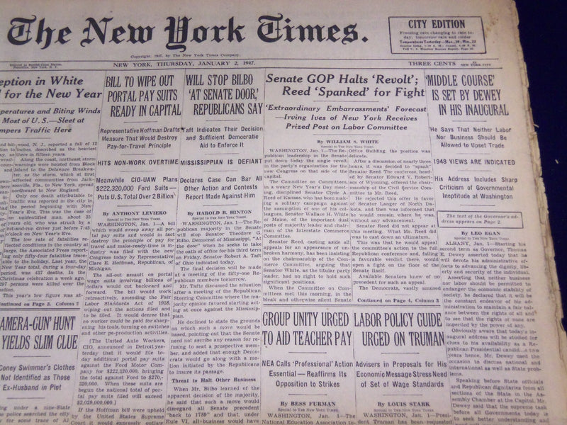 1947 JANUARY 2 NEW YORK TIMES - DEWEY INAUGURAL ADDRESS - NT 3294