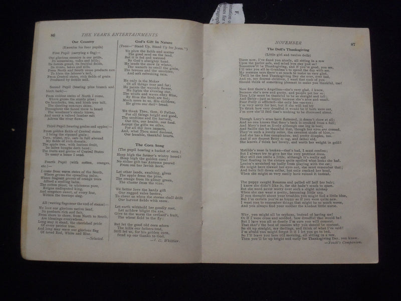 1909 NOV THE YEAR'S ENTERTAINMENTS FOR THE SCHOOL YEAR SOFTCOVER BOOK - J 9662