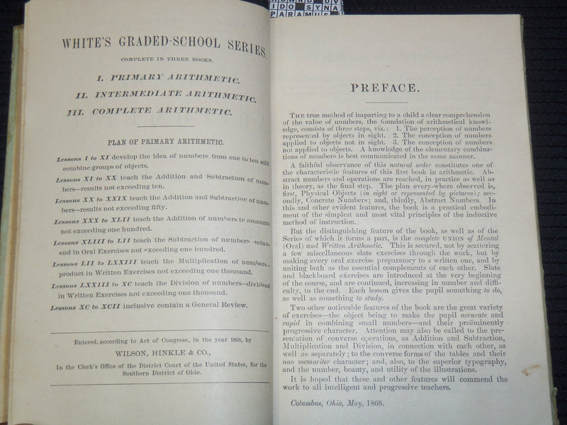 1868 WHITE'S GRAND SCHOOL SERIES PRIMARY ARITHMATIC BOOK - K 2189
