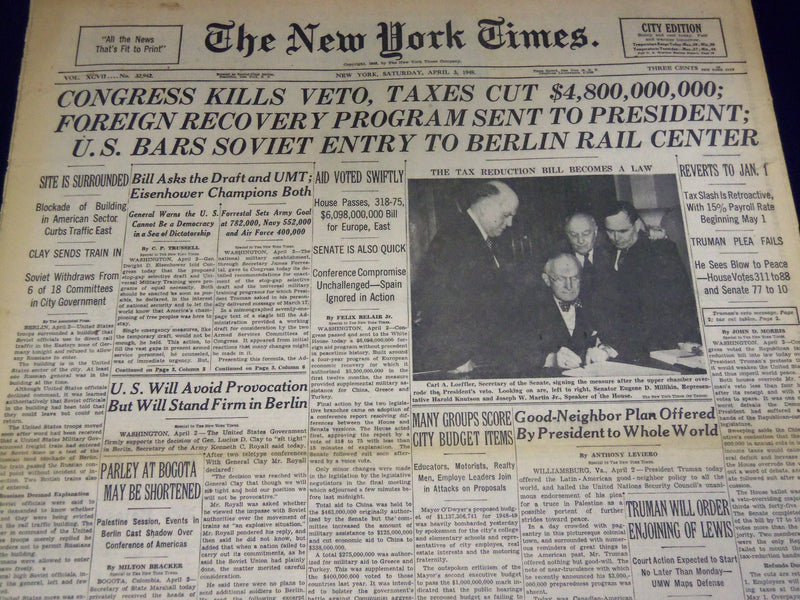 1948 APRIL 3 NEW YORK TIMES - FOREIGN RECOVERY PROGRAM TO TRUMAN - NT 3371