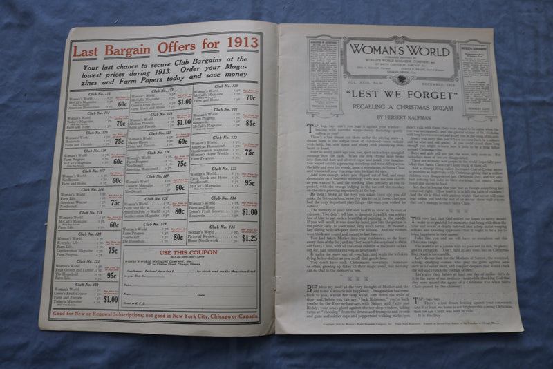 1913 DECEMBER WOMAN'S WORLD MAGAZINE - ILLUSTRATIONS/STORIES/ADS - SP 4783H