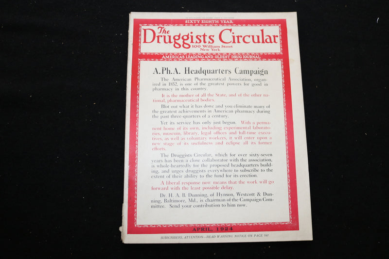 1924 APR THE DRUGGISTS CIRCULAR MAGAZINE - A.PH.A. HEADQUARTERS COVER - B 1126G