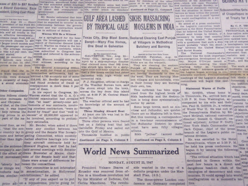 1947 AUGUST 25 NEW YORK TIMES - SIKHS MASSACRING MUSLIMS IN INDIA - NT 3487