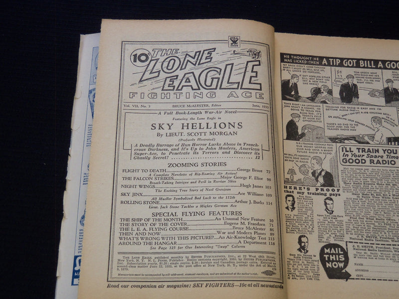 1935 JUNE THE LONE EAGLE FIGHTING ACE PULP MAGAZINE - SKY HELLIONS - ST 998H