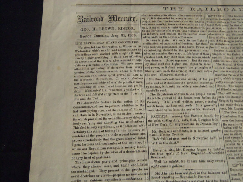 1860 AUGUST 30 RAILROAD MERCURY - LINCOLN - GROTON JUNCTION MASS - NP 614I