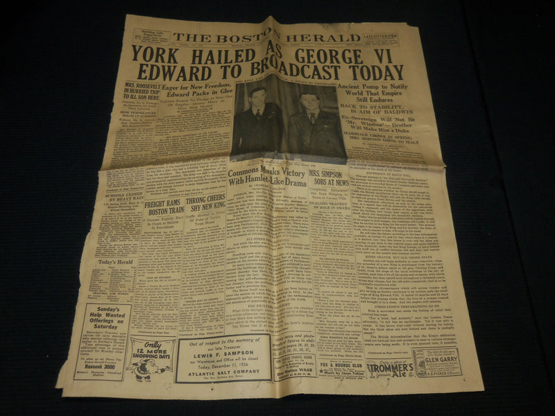 1936 DECEMBER 11-12 BOSTON HERALD NEWSPAPER LOT OF 2 - GEORGE VI - NP 4251M