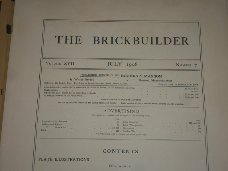 1908 JULY THE BRICKBUILDER MAGAZINE - AN ARCHITECTURAL MONTHLY - ST 258H